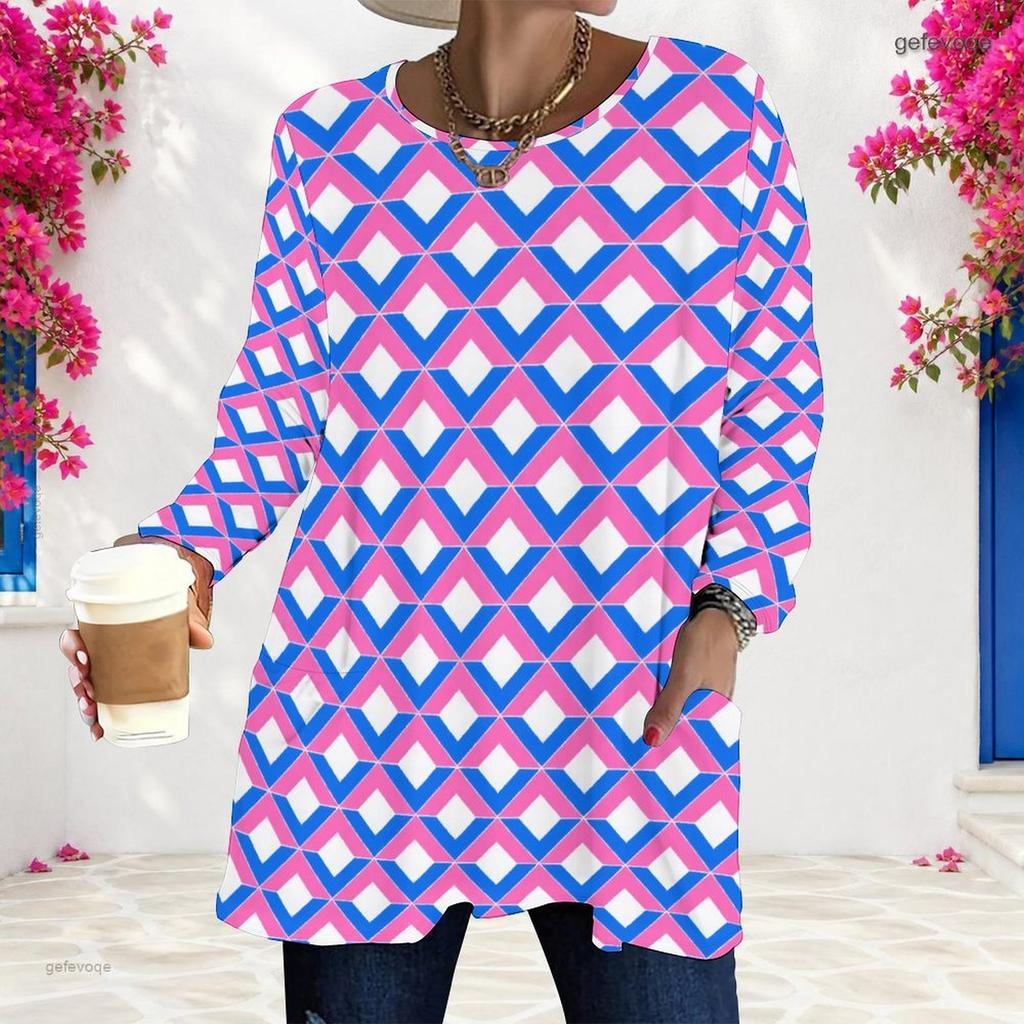 Women Plus Size Round Neck Long Sleeve Geometric Printed Loose Longline T Shirt With Pockets