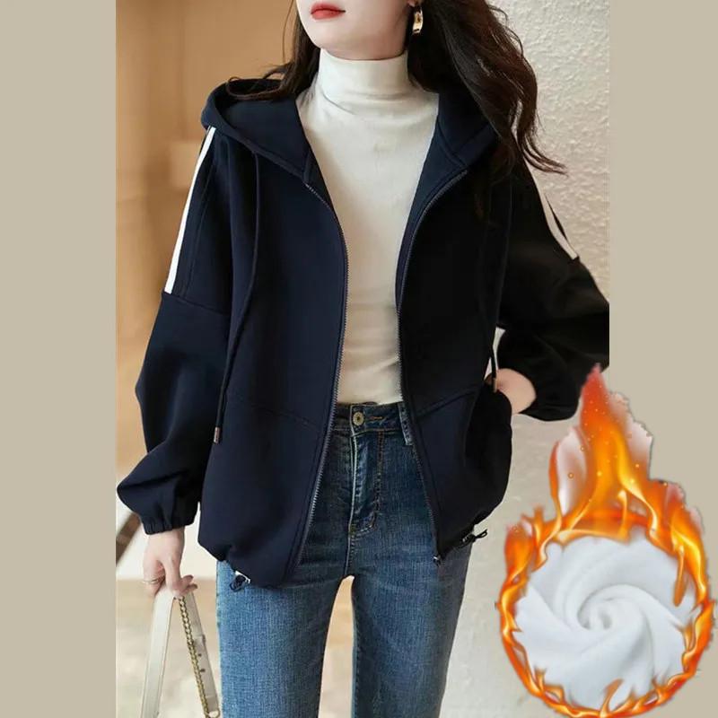 

Женский повседневный спортивный кардиган с капюшоном - осенне-зимняя куртка в корейском стиле, короткая куртка-бейсболка L (105-120 lbs)