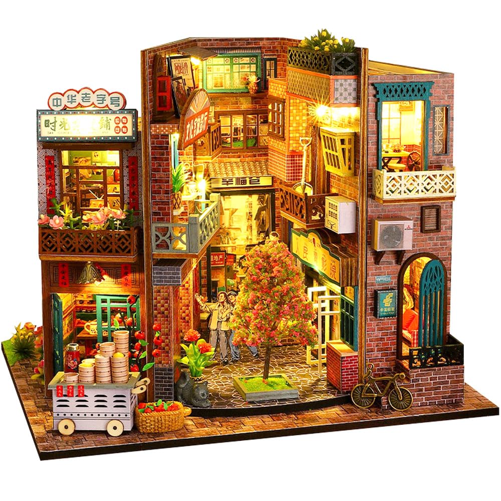 moin moin scale dollhouse miniature DIY kit set instructions Little World in a bookend bookshelf meat food stall Includes LED acrylic and music box