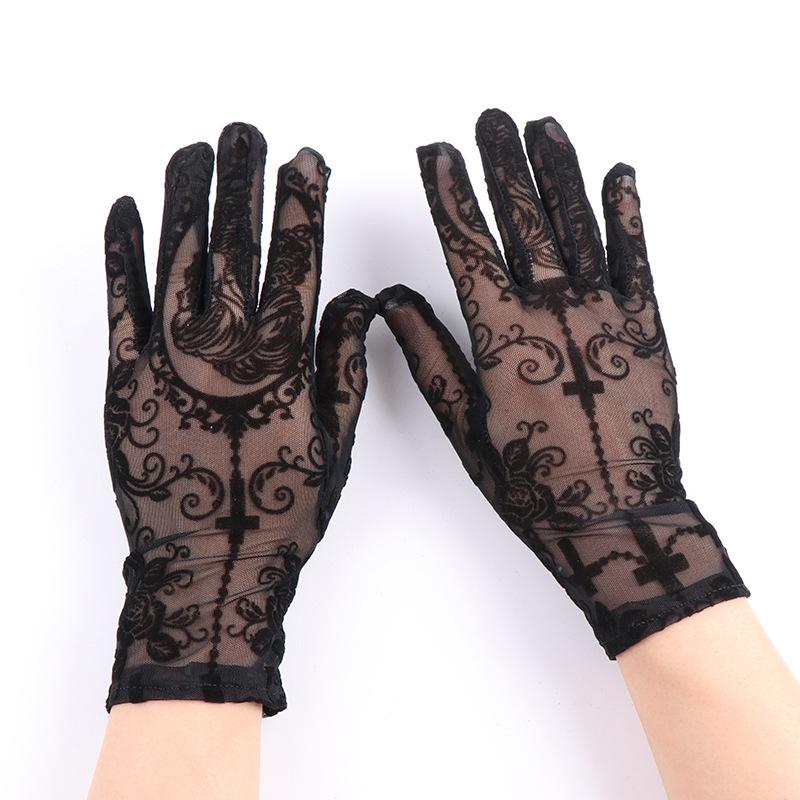 Halloween Damen Schwarz Sexy Skelett Kreuz Blumen Spitze Lange Handschuhe Elastizität Transparentes Netz Lolita Punk Cosplay Kurze Handschuhe One Size gray