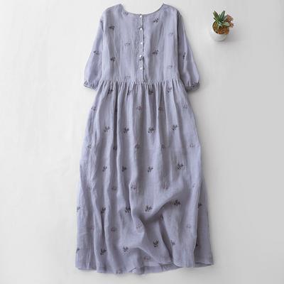 Summer New Loose Large Size Big Swing Dress Children Embroidered Round Neck Seven-quarter Sleeve Cotton and Linen Dress