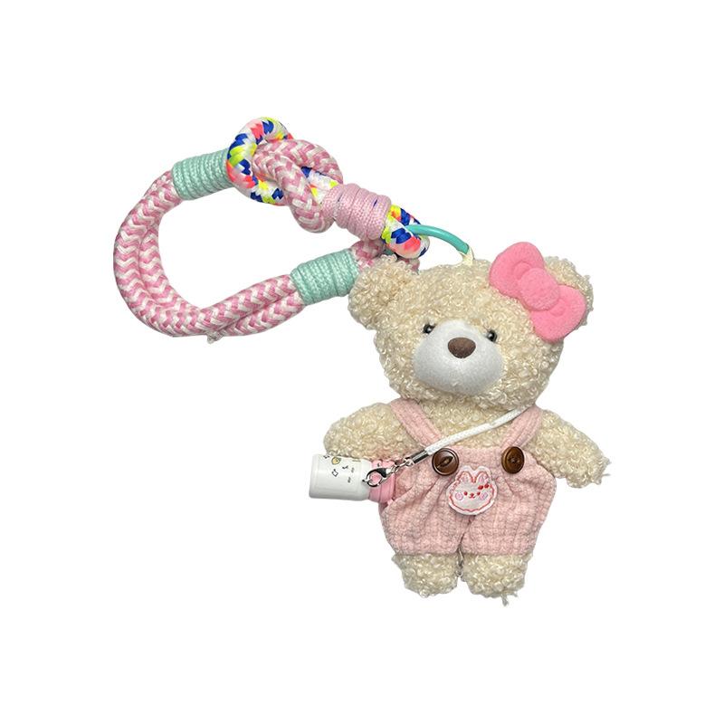 Cute Plush Curly Bear Bag Charm With Bow Pendant Colorful Braided Rope Lovely Stuffed Doll Accessory For Girls Bag Charm
