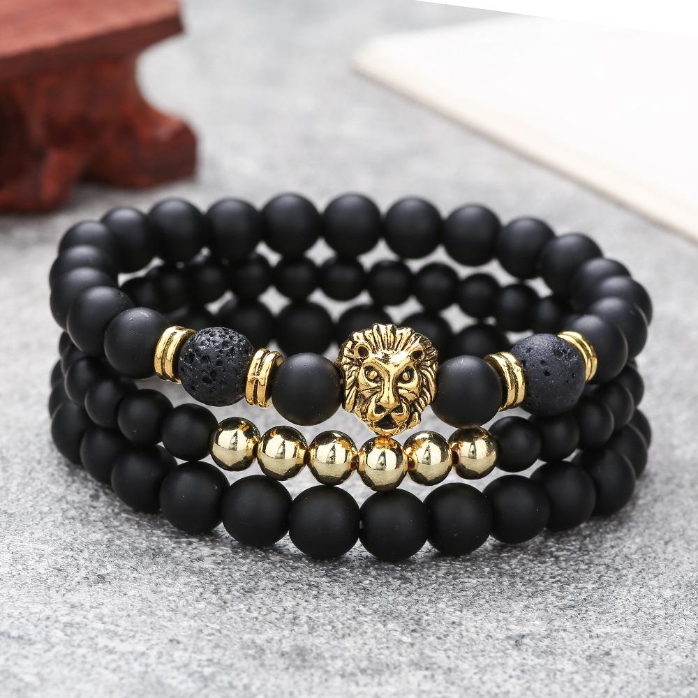 New 1/8mm black matte volcanic stone beaded bracelet set combination lion head elastic bracelet bracelet.