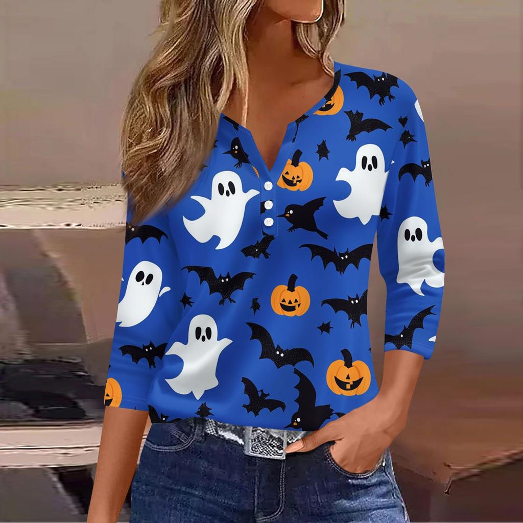 Women's Casual Fashion V-neck Loose Versatile Halloween Print Three-quarter Sleeve Top