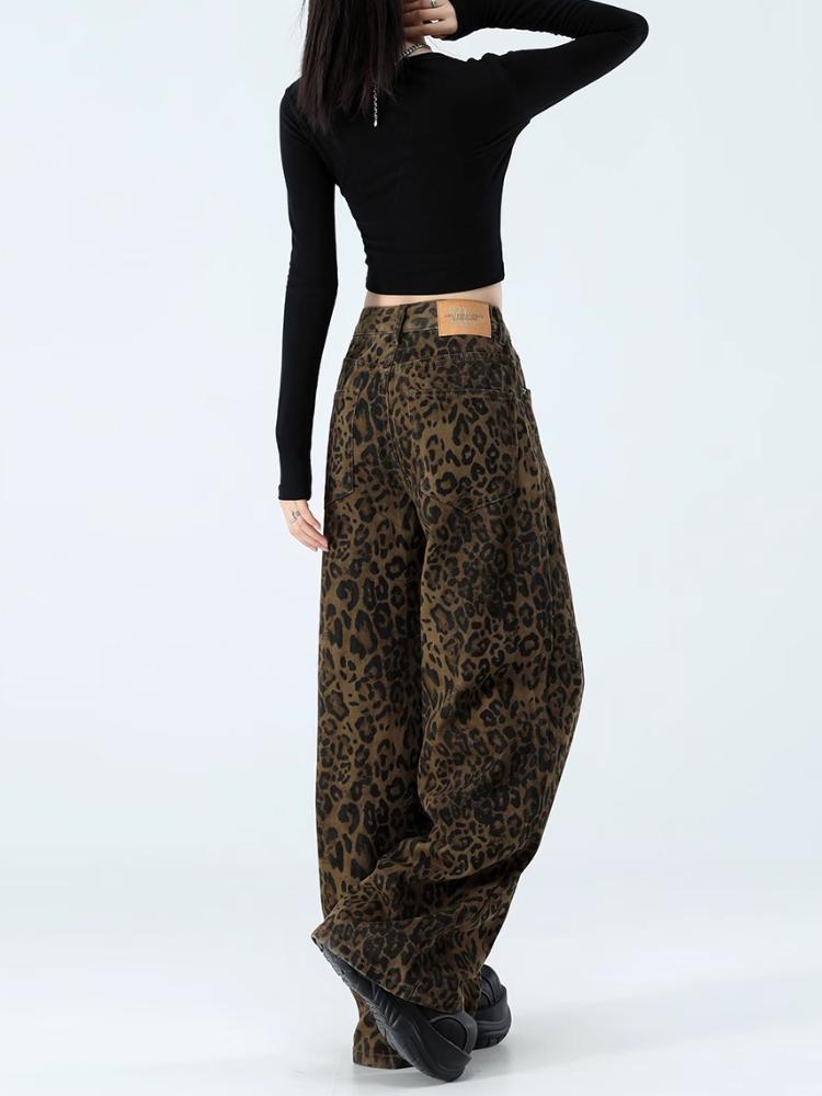 Hnědé leopardí džíny dámské džínové kalhoty dámské nadměrné široké nohavice streetwear hip hop vintage oblečení volné ležérní