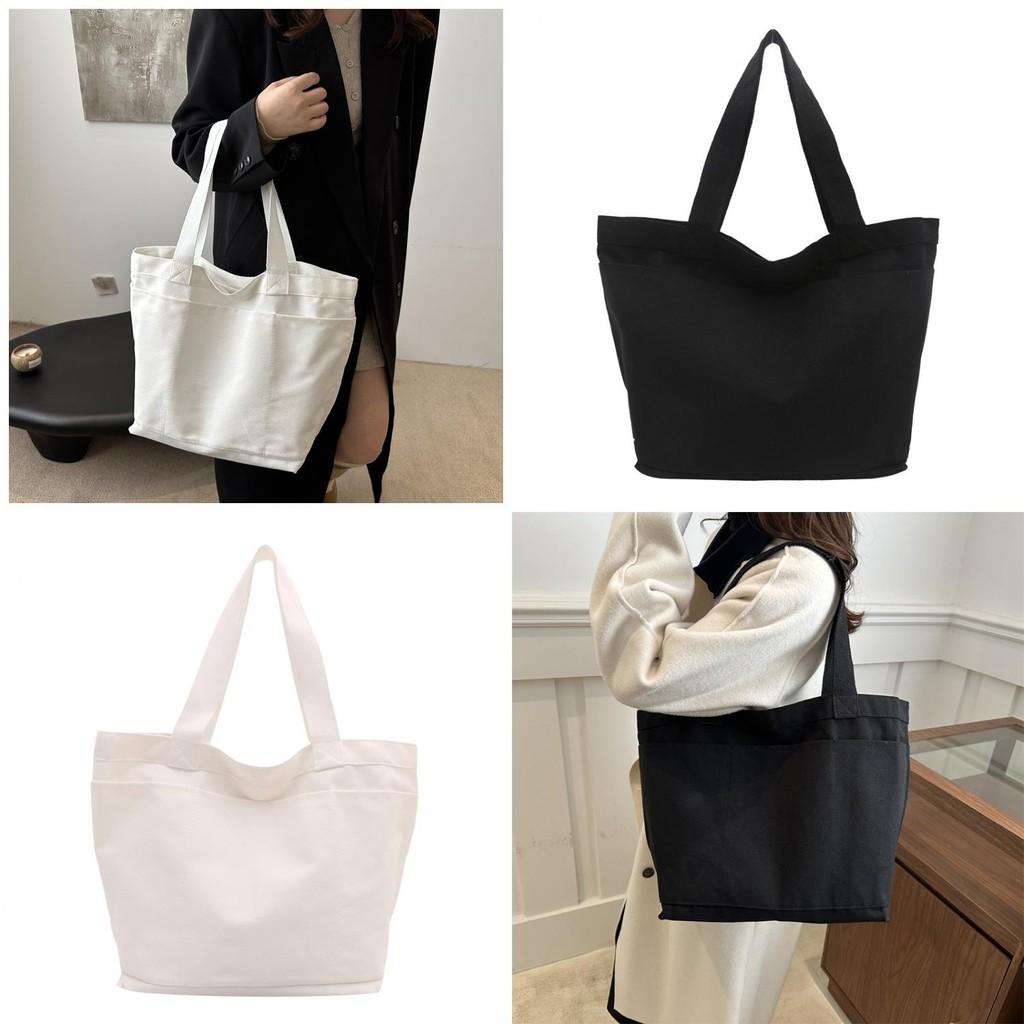 Large Capacity Minimalist Korean Style Solid Color Canvas Tote Bag For Women In Black And White
