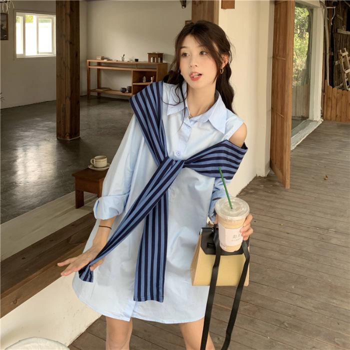 Fake Two Off-the-shoulder Polo Dress Women's Early Autumn Platycodon French Shawl Medium and Long Sexy Striped Shirt Skirt