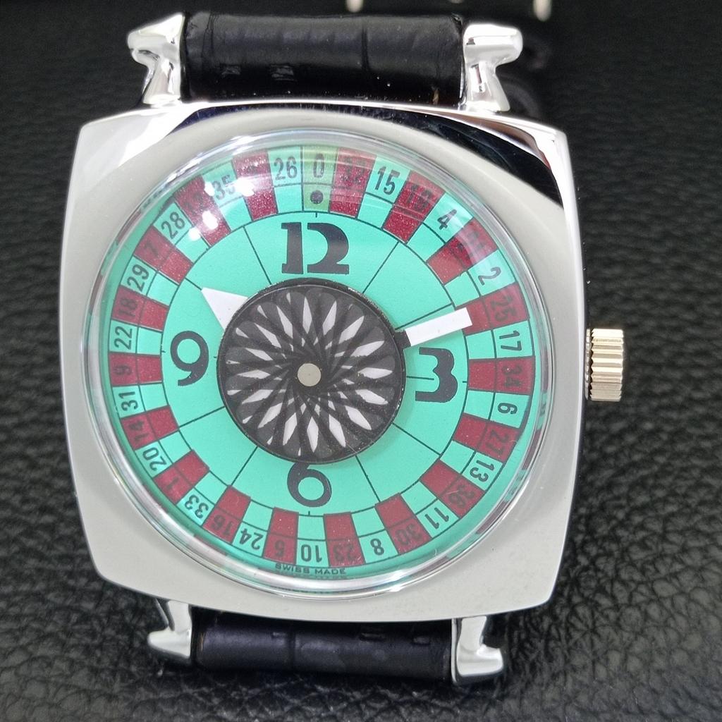 VINTAGE HAND-WINDING SWISS POKER FACE MENS REFURBISHED SEA GREEN WATCH A700946-5 R205a-a700946