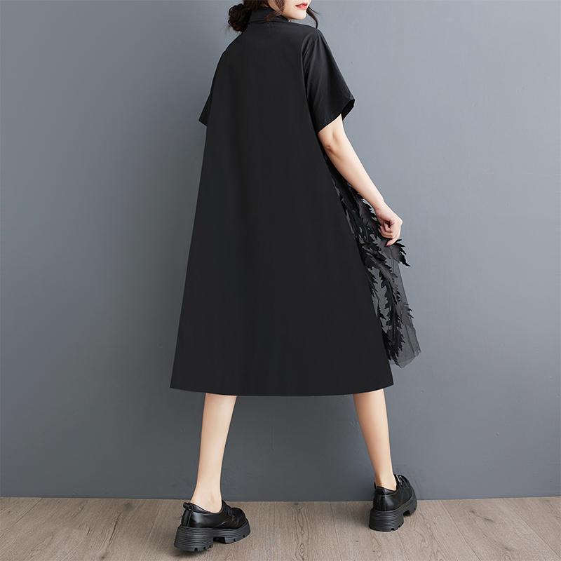 DIMANAF 2025 Summer Plus Size Dress Women Dress Loose New Vintage Casual Basic Lace Spliced Shirt Dress