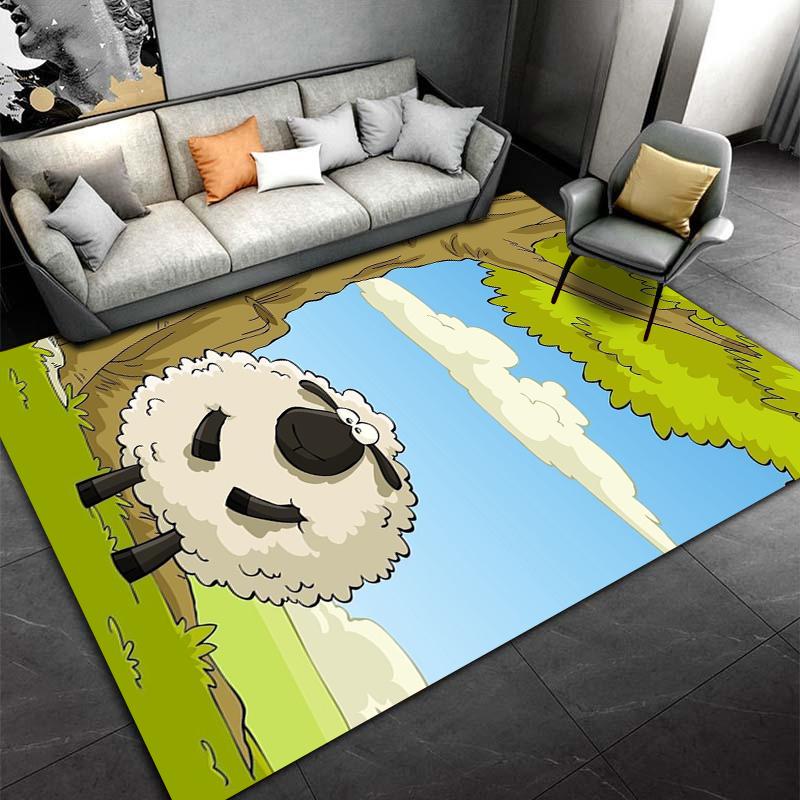 Cartoon Sheep Landscape Carpet for Kids Room, Green and Blue Decor Suitable for Use As an Anti-slip for Living Room Bedroom Sofas
