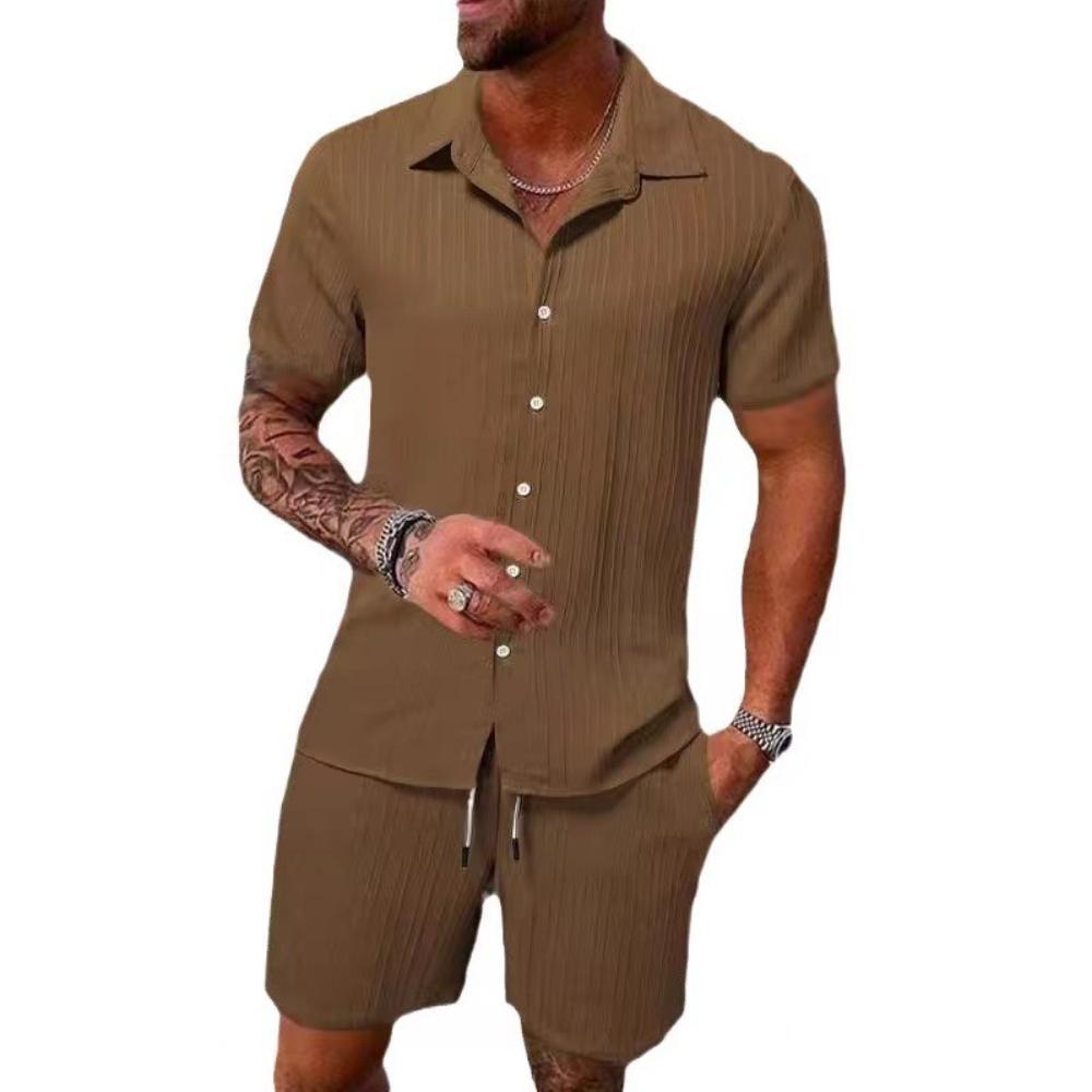 Summer Men's Solid Color Comfortable Casual Shirt Short Sleeved Beach Pants Set