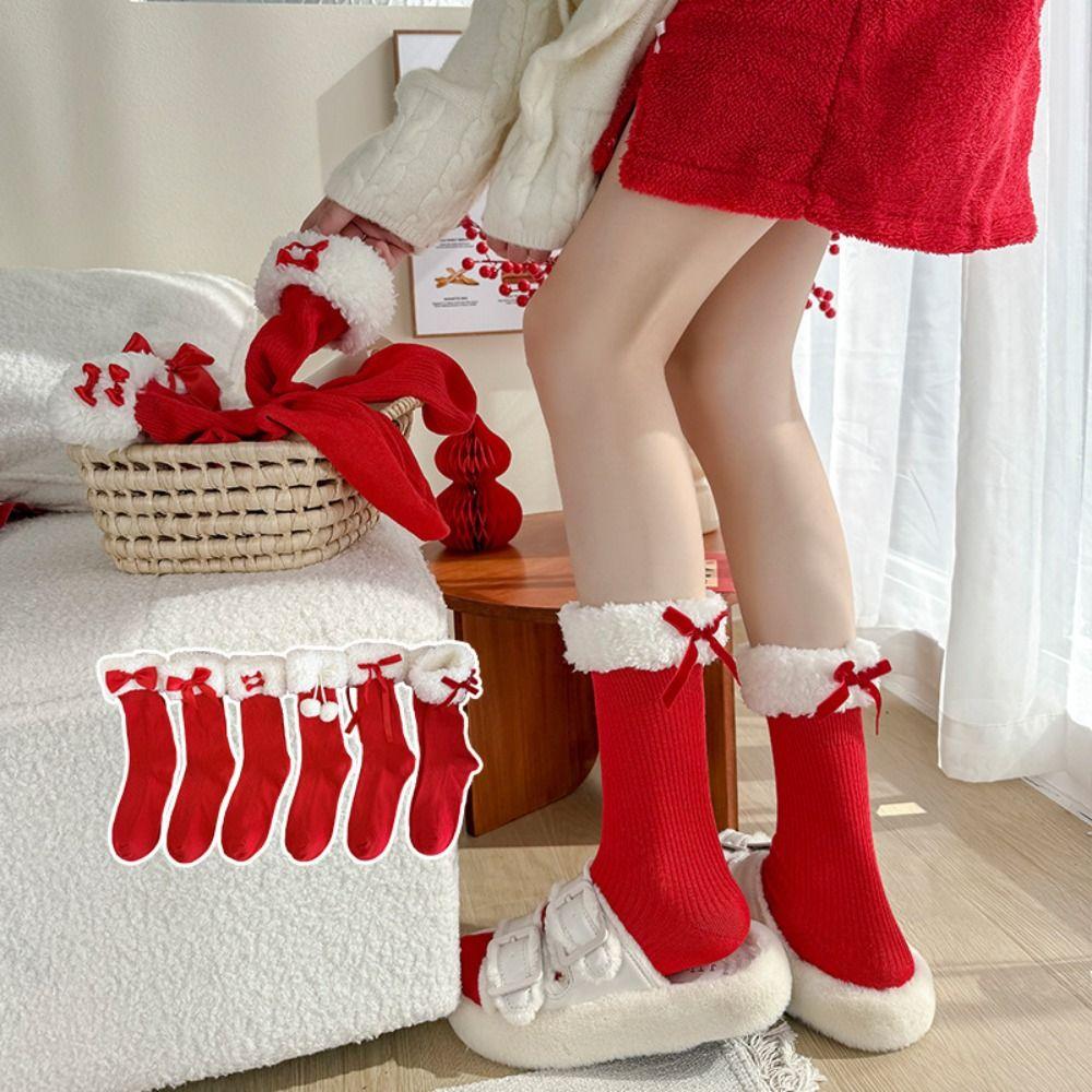 

Female Hosiery New Year Red Socks Bow Middle Tube Socks Kawaii Lamb Wool Red Socks Women Style A