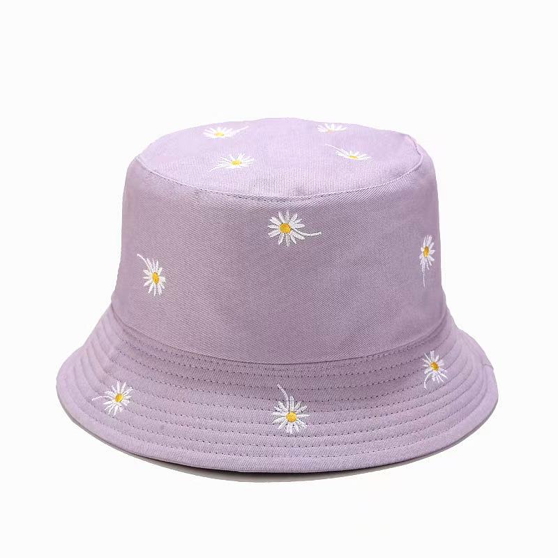 

Small Daisy Embroidered Double-sided Fisherman Hat Women s Spring and Summer Cotton Bucket Hat Outdoor Sun Protection Basin Hats 56-58cm фіолетовий