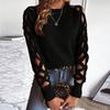 European and American Autumn/Winter Women's Woolen Sweater: Hollow Fabric Strip Patchwork Long Sleeve Knitwear, Round Neck Pullover Top