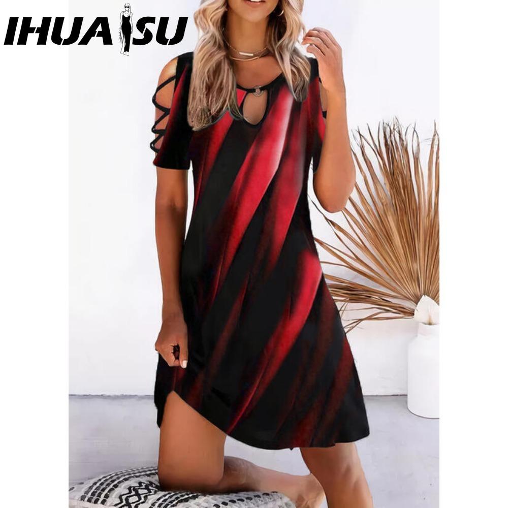 IHUASU 13 Farben Damen Kleid mit Blumenmuster Sommer Sexy Kurzarm O-Ausschnitt Mini Kleider Weiblich Vintage Elegantes Kleid