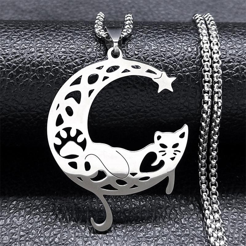 Aesthetic Cat Flower Moon Crescent Necklace for Women Men Stainless Steel Silver Color Bohemia Chain Gift Jewelry Collar 3220