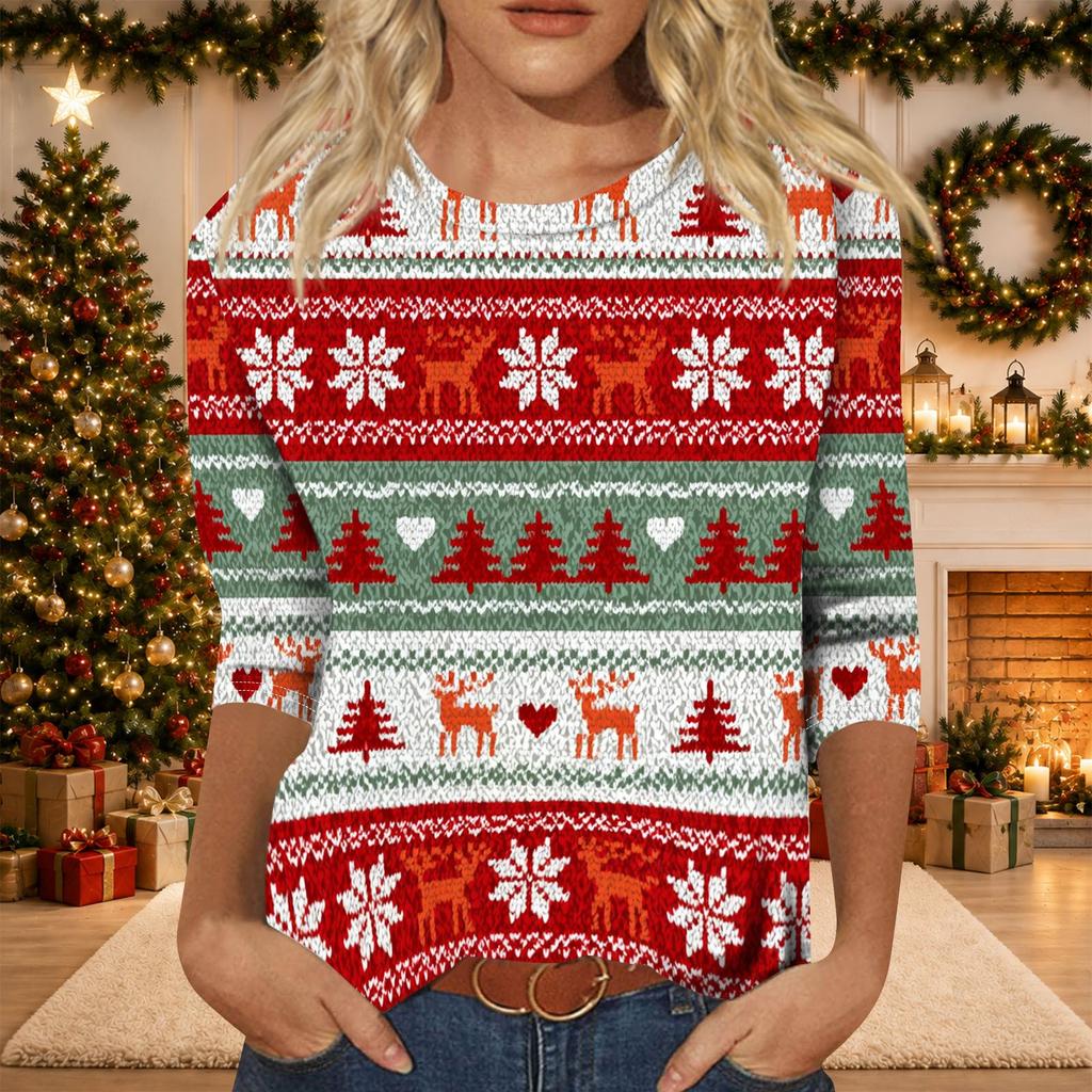 Women's Casual 3/4 Sleeve Neck Christmas Print Top with Festive Holiday Design