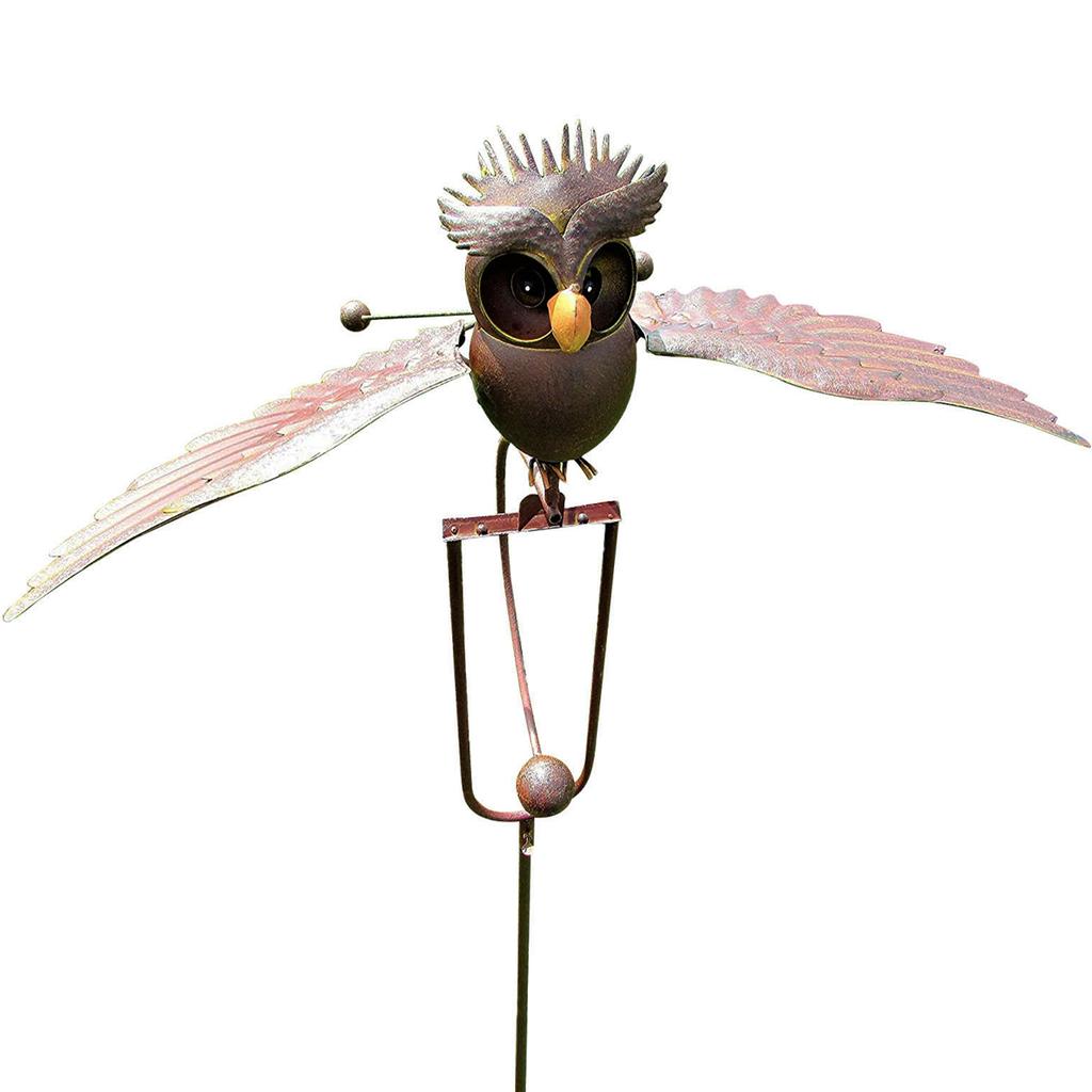 Owl Wind Chime Iron Wing Flapping Owl Wind Spinner Weather Resistant Eagle Stake Garden Accsesories Outdoor Art Statue Decors