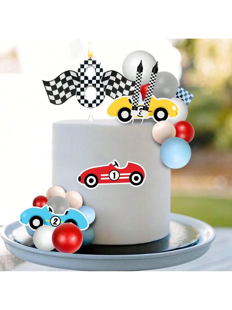 7Pcs Birthday Candles Set,Cake Numeral Candles,Racing Cars Themed Birthday Candles for Cake Candle Checkered Decoration