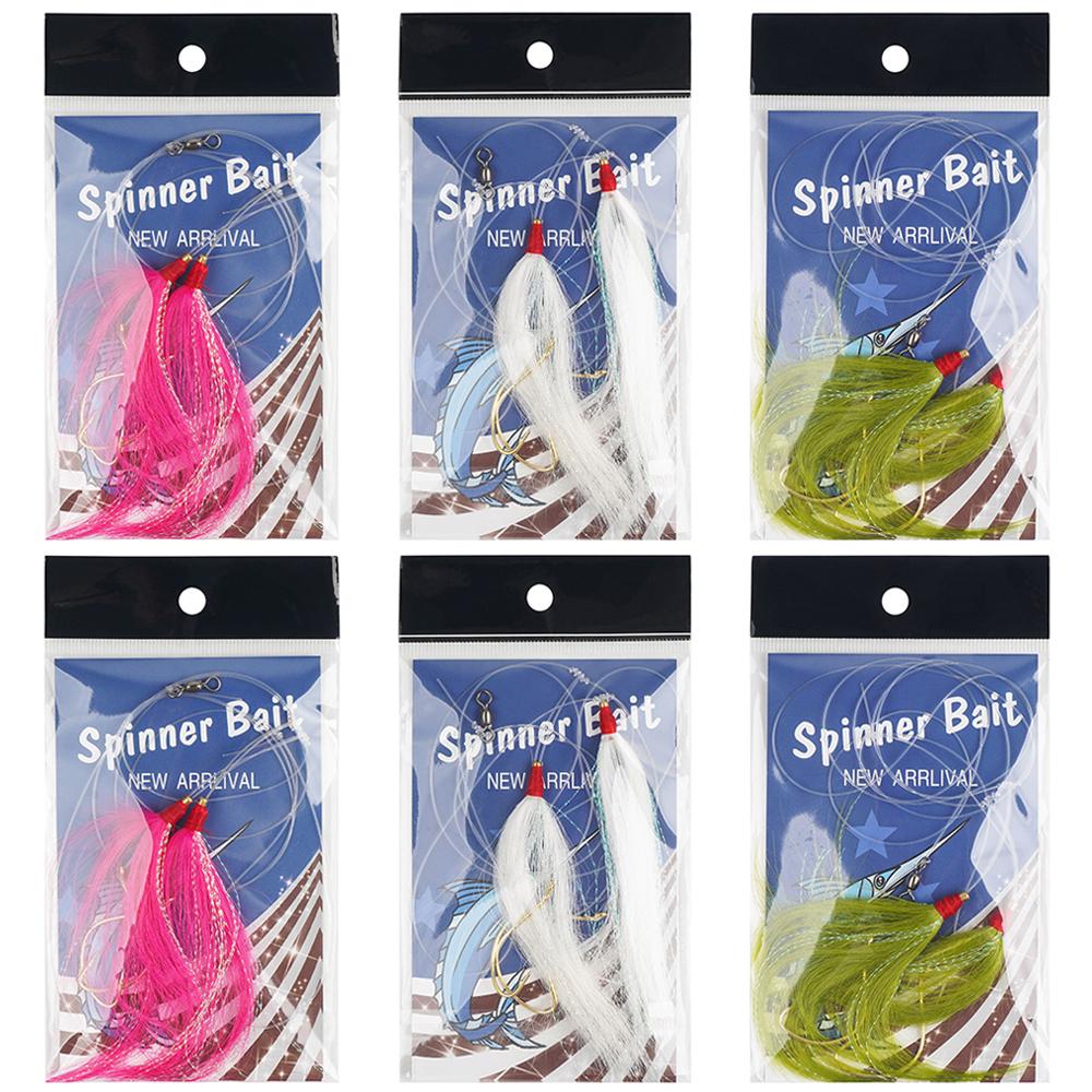 6Pcs Bucktail Teaser Fishing Lures Saltwater Rig Teaser Lure with 114cm/45in Leader Line Octopus Hooks and Barrel Swivel