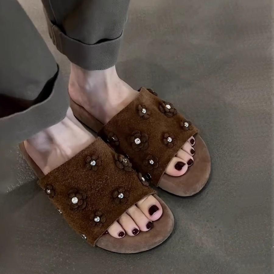 Soft Leather Version~ Fashion Flower Open-toed Cool Slippers Women's 2025 Summer New Thick-soled Outer Wear Velvet Versatile Sandals