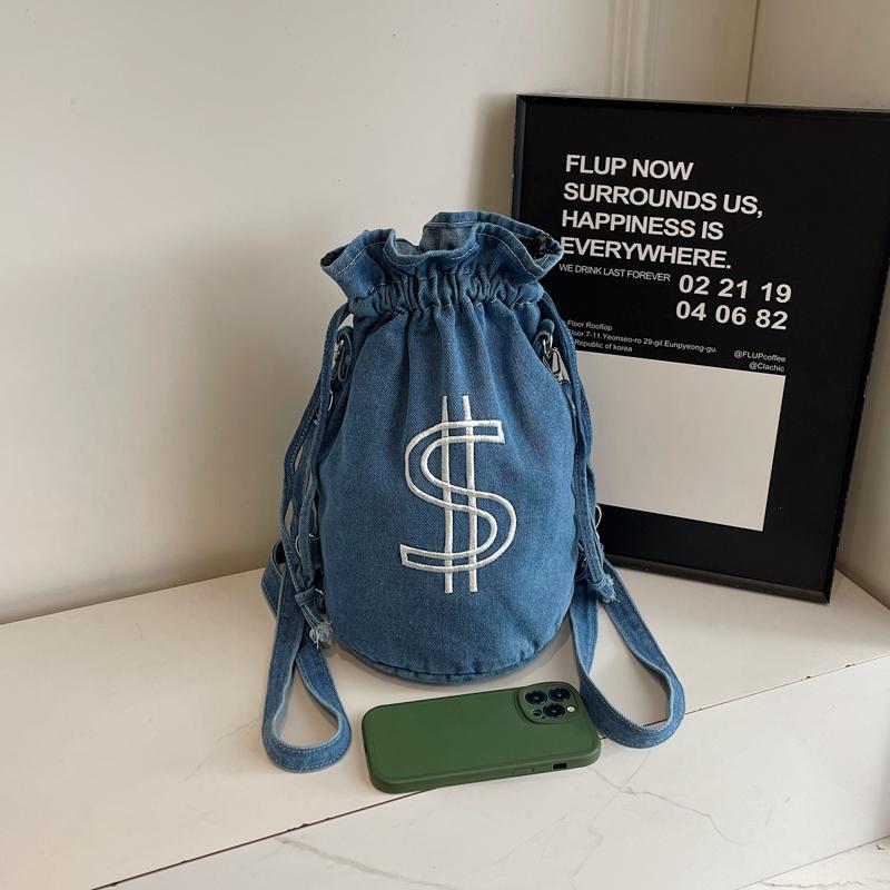 Embroidered Drawstring Bucket Bag Women's Denim Multi-Purpose Shoulder Bag