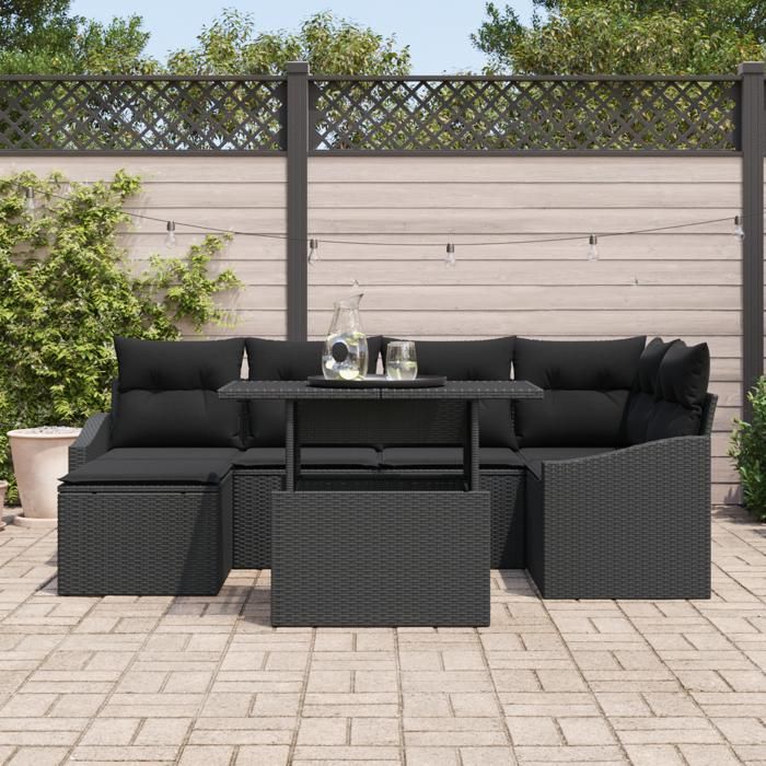 VidaXL Ensemble de Canapé de Jardin de 7 Pièces avec Coussins en Rotin Noir 3349039