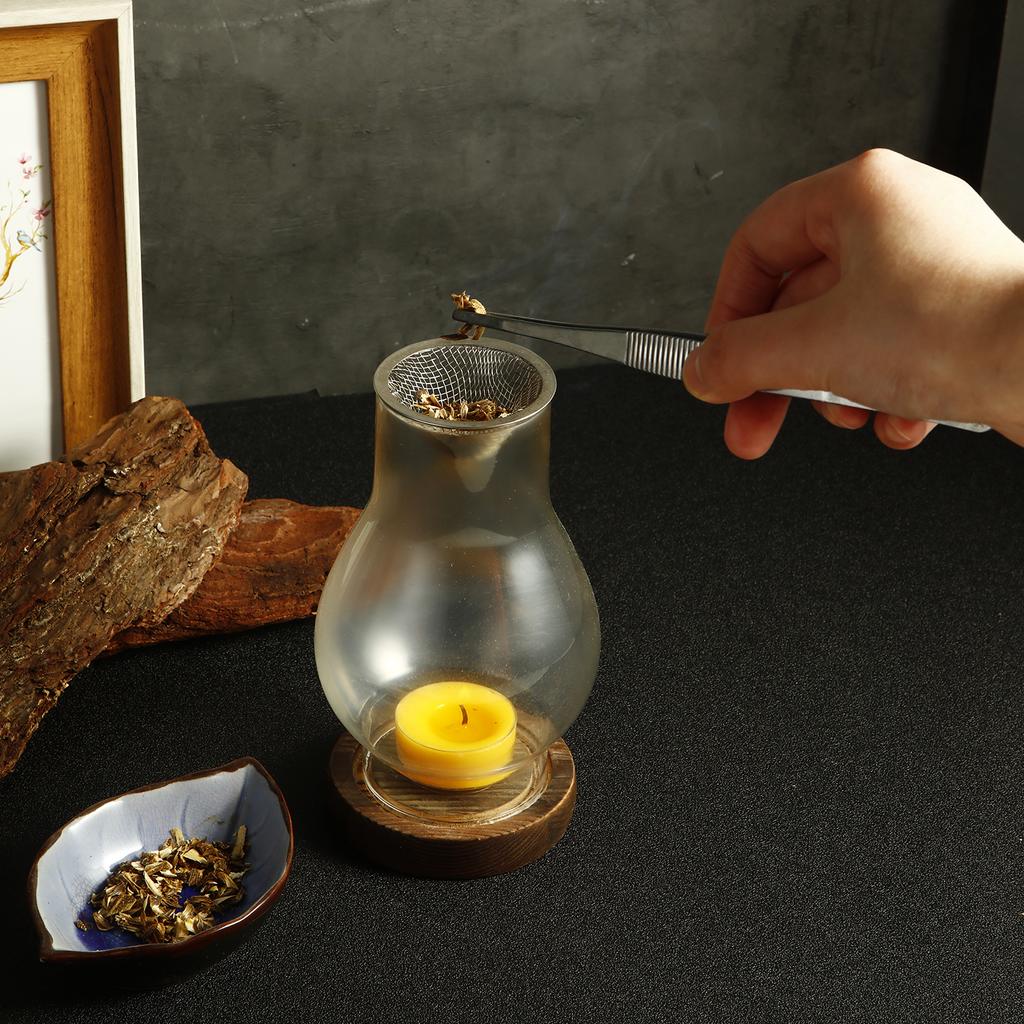 Glass Candle Holder Candle Heating Holder with Wooden Base Aromatherapy Incense Burner for Yoga SPA Aromatherapy