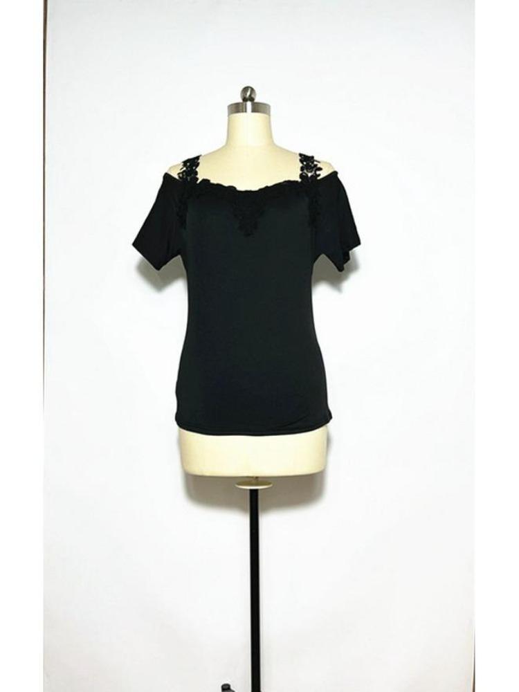 American Style European Women's Casual Loose V Neck Short Sleeve T Shirt with Lace Splice