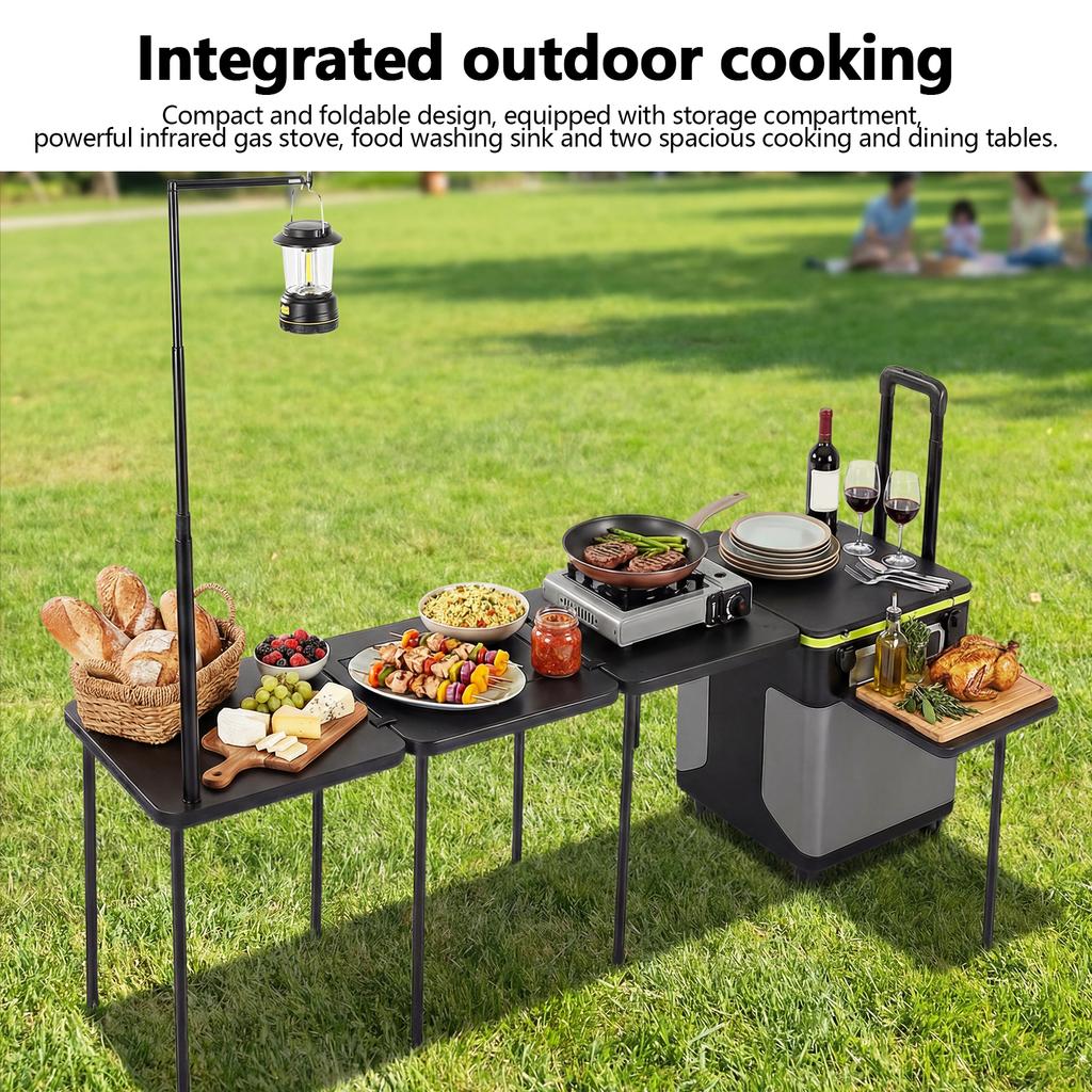 Rolling Master Cook Station with Wheels Folding Overland Camping Kitchen Table with Light Poles for Tailgating BBQ Picnic RV