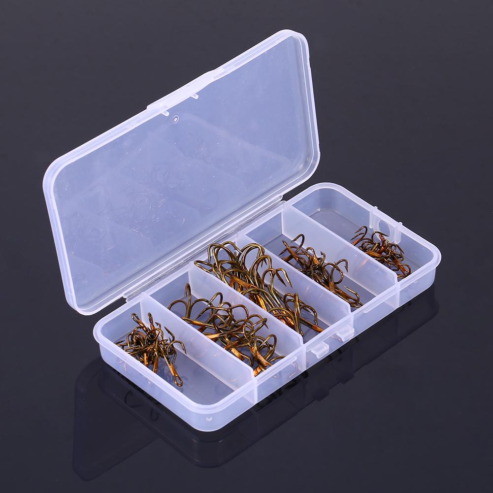 50pcs Box Fishing Hook Sharpened Treble Hook 5 Sizes 2 4 6 8 10 Fishhook Tackle Brown