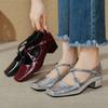 French Cross Strap Mid-heeled Shoes Small Square Toe Retro Women's Shoes Thick Heel Shallow Mouth High Heels