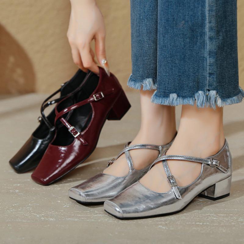 French Cross Strap Mid-heeled Shoes Small Square Toe Retro Women's Shoes Thick Heel Shallow Mouth High Heels