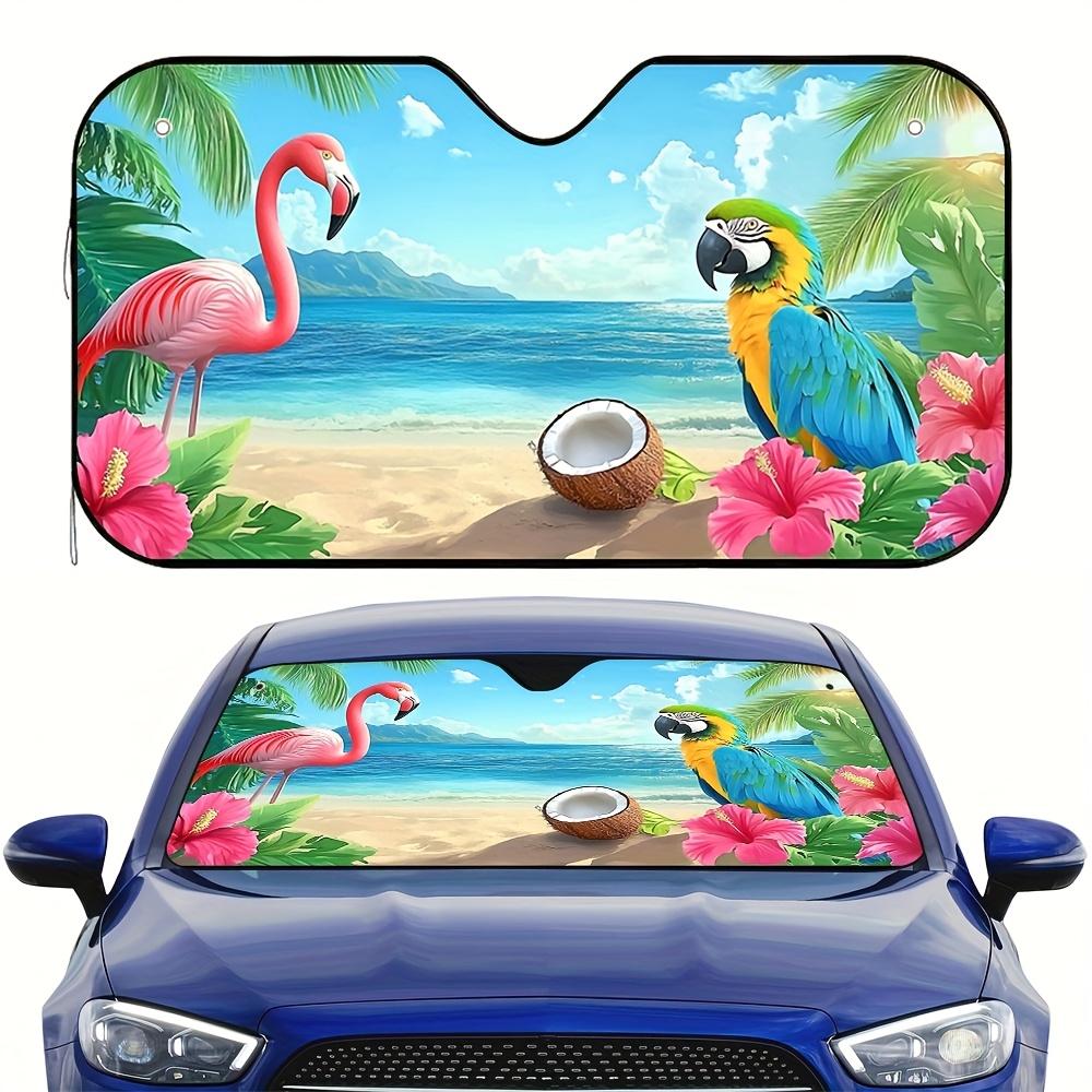 1pc Tropical Beach Charm Print Car Sunshade With Flamingo & Palm Tree Design - 4 Suction Cups, Foldable Fit For Cars, SUVs, Truc