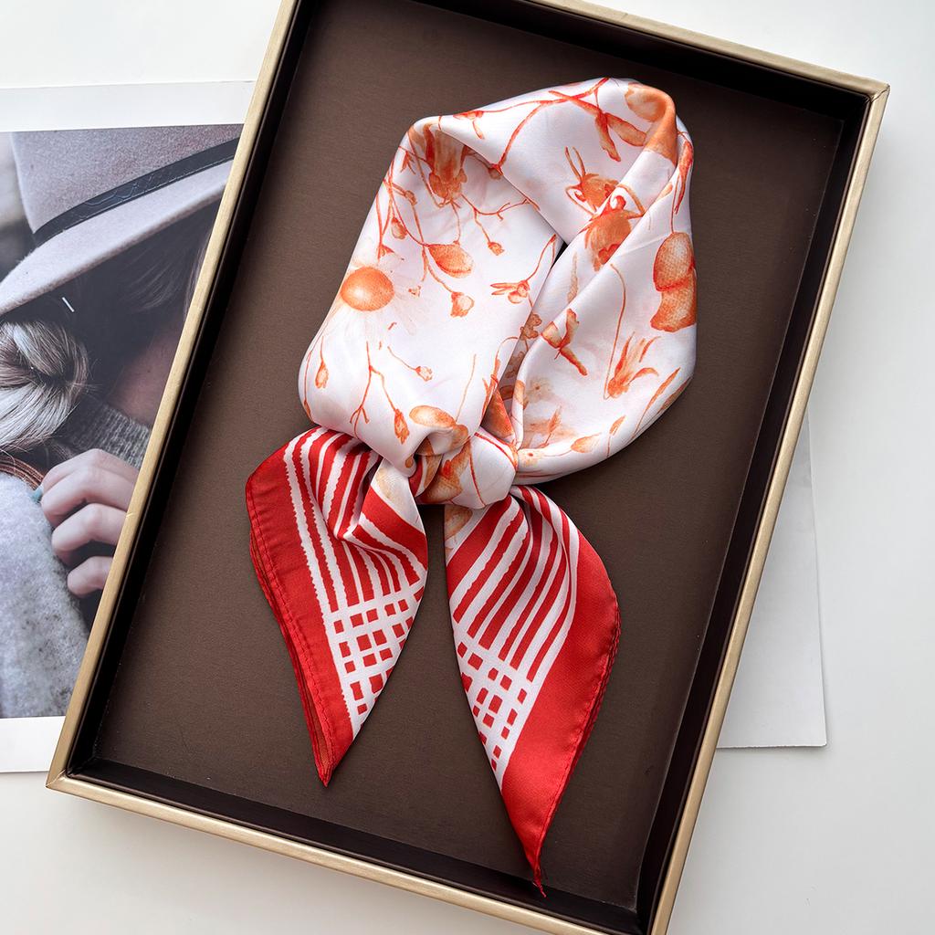 Luxury Floral Square Scarf For Women Elegant Ladies Hijab Neckerchief Shawl Soft Stain Imitation Silk Scarves For Travel Beach