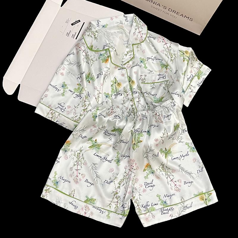 Fresh Cute Cartoon Bear Print Women's Short Pajamas Summer Female Homewear Simulated Silk Two-piece Lounges