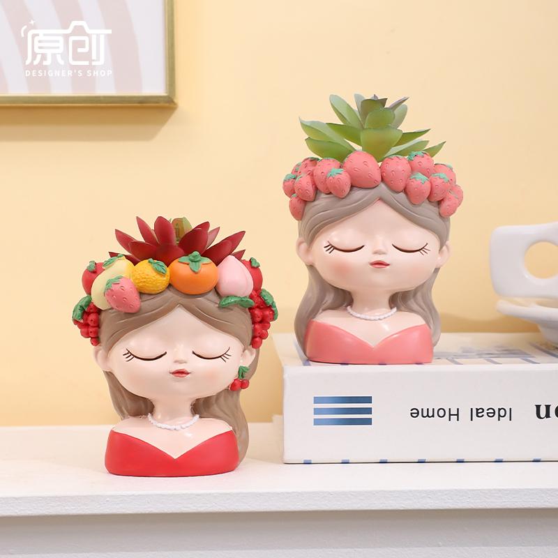 Charming Girl & Fruit Harvest Mini Planter, Cute Decorative Flower Pot for Succulents & Small Indoor Plants for Desk Decor