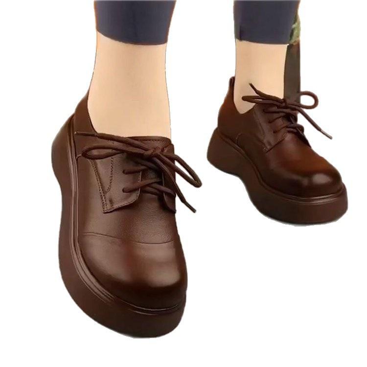Spring New Soft-soled Leather Shoes British Lace-up Single Shoes Small Thick Soles Increase In Height