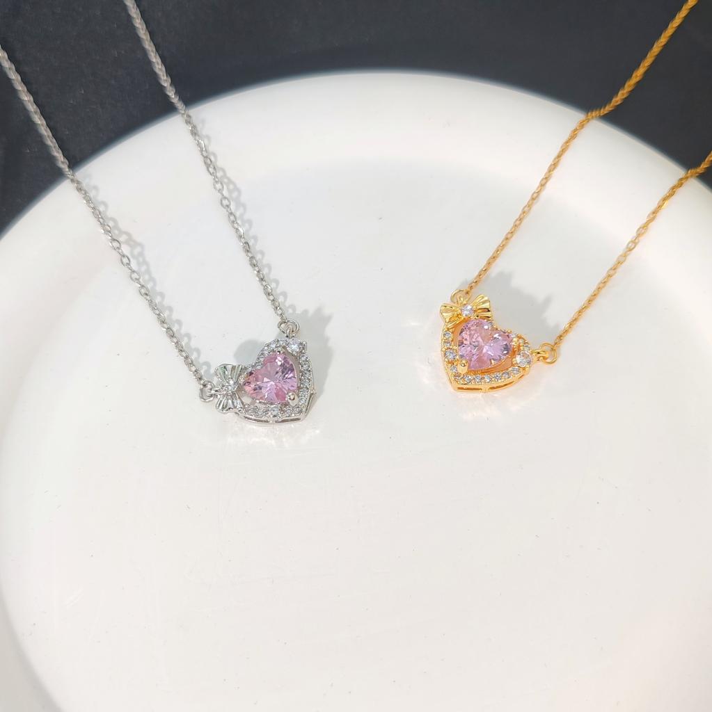Pink Zirconium Love Necklace Women'S High-End Simple And Sweet Bow Heart Pendant Accessories