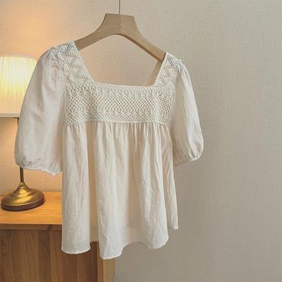 Sommer-Chic-Bluse für Damen im koreanischen Stil mit quadratischem Ausschnitt und Hakenblumenmuster