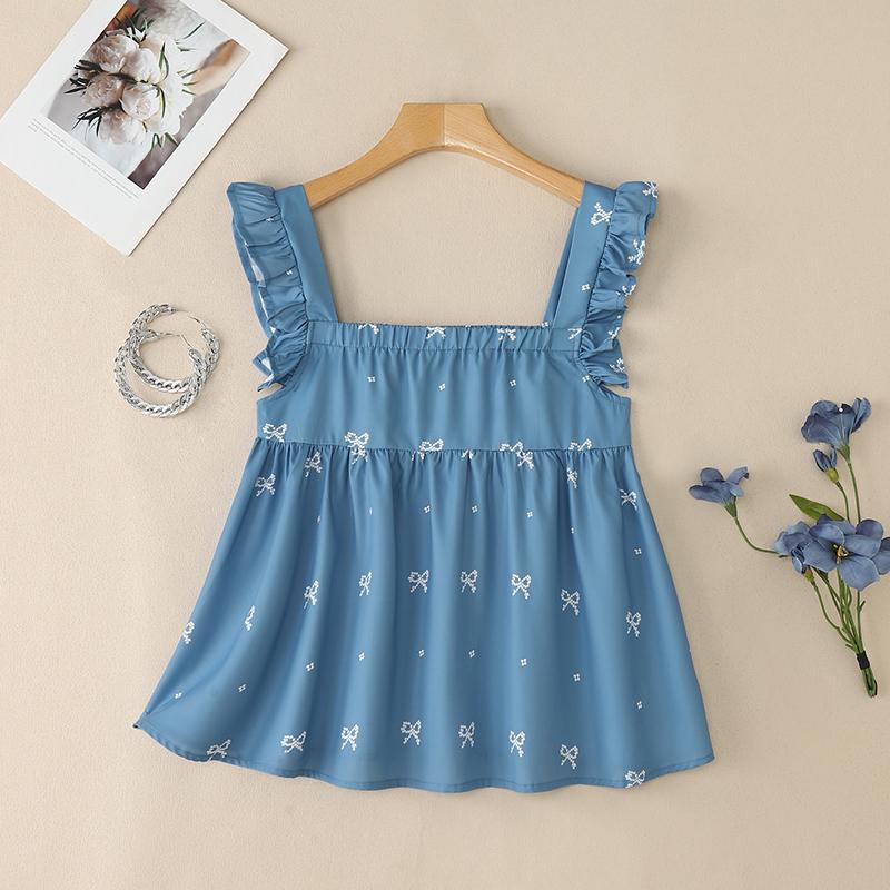 ZANZEA Women Casual Square Collar Bows Print Summer Sleeveless Tank Tops