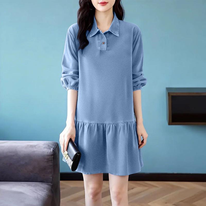 

ZANZEA Женское повседневное платье с отложным воротником и длинными рукавами S синий