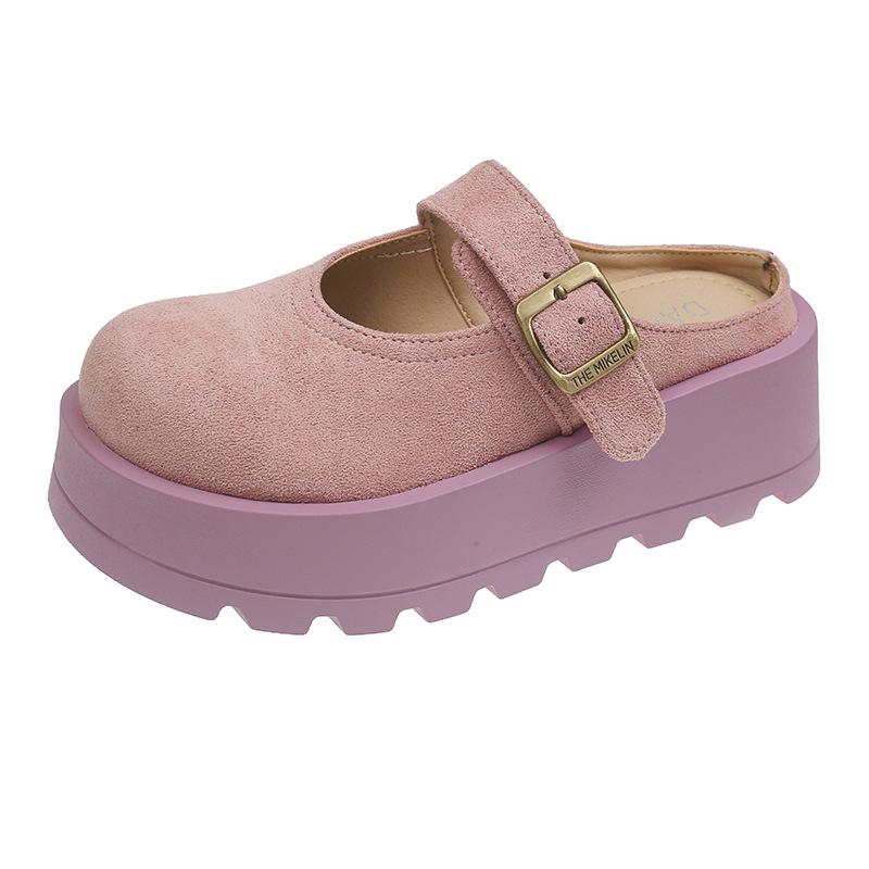 

Mori retro thick-soled bag head slippers for women s outer wear 2026 new one-word buckle lazy one pedal to increase the height by half 35 розовый