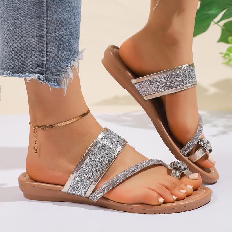 Fashion Luxury Big Rhinestone Clip Toe Slippers Women 2025 Summer Sexy Silver Glitter Straps Low Heel Sandals Fashion Slip On Shoes