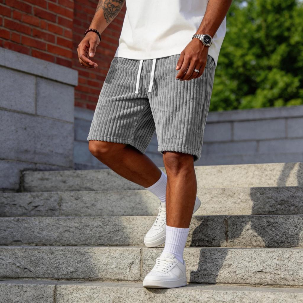 Mode Casual pour Hommes -Shorts en Velours Côtelé de Couleur Avec Broderie-, Shorts à Taille Élastique à Cordon de Serrage