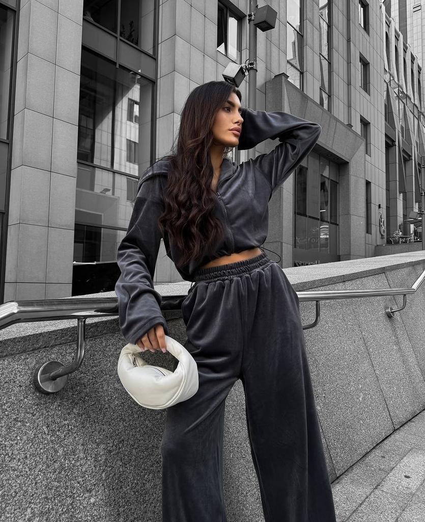 European and American style velvet hooded suit women's short jacket high waist wide leg pants relaxation casual two-piece suit women
