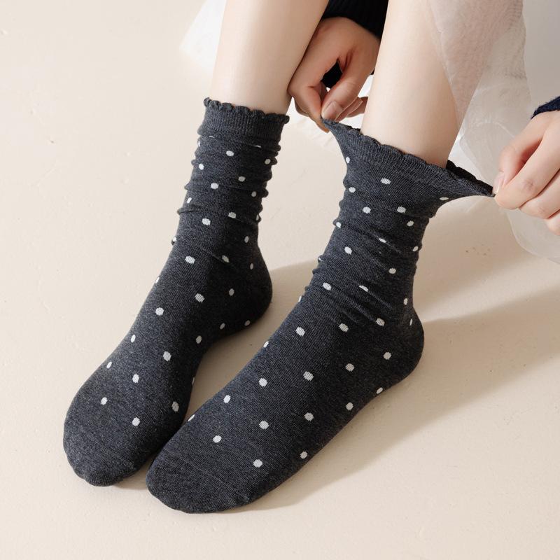 5/10 Pairs Comfortable Casual Polka Dot Socks for Women Mid Calf Socks with Ear Shaped Edges and Polka Dot Lace Breathable Cotton Long Socks