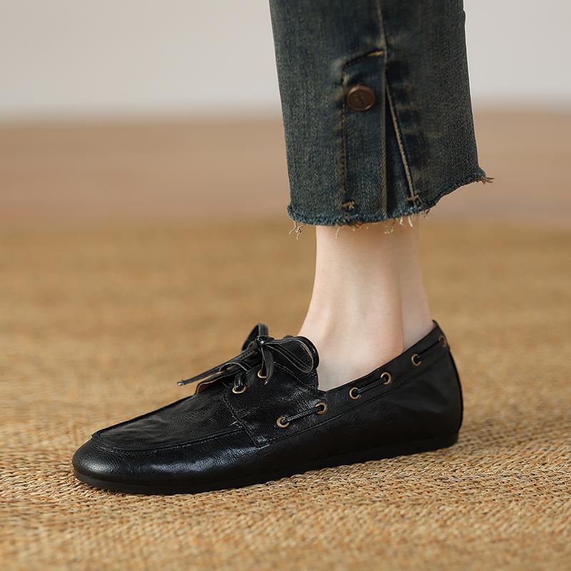 Fashion 2025 Spring Summer New Women Lace-up Flat Shoes Loafers Slip on Genuine Leather Casual Daily Work Shoes Comfort Office Pumps