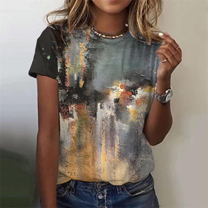 

Футболка с 3D-печатью и масляной живописью для женщин, красочные графические футболки, летние повседневные футболки больших размеров, топы с круглым вырезом и короткими рукавами 8XL