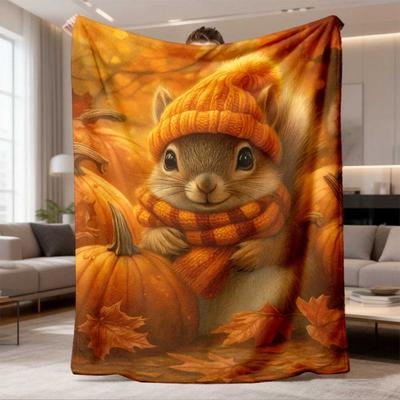 2026 Latest Flannel Blanket 1pc Soft Flannel Blanket Autumn Squirrel Throw with Fall Foliage, Lightweight Portable AllSeason Cozy Bedspread for Couch,